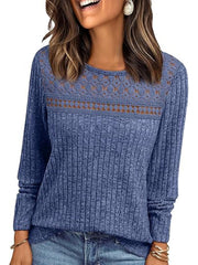 Elegant Plain Ribbed Knit Crew Neck Long Sleeve Sweater with Crochet Lace Yoke