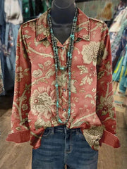Vintage Red Floral Print Lapel Long Sleeve Casual Comfy Blouse
