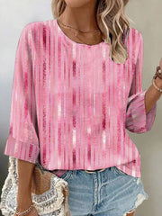 Sweet Pink Sparkle Stripe Print Round Neck Long Sleeve Loose Casual Blouse