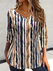 Stylish Color Block Stripe Print V-Neck Long Sleeve Casual Blouse