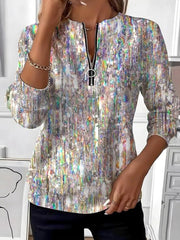 Chic Silver Glitter Zip-up V-neck Long Sleeve Casual Sweatshirt