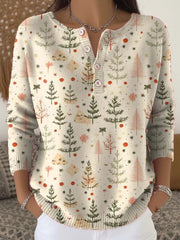 Chic Christmas Tree Print Round Neck Long Sleeve Buttoned Casual Sweater