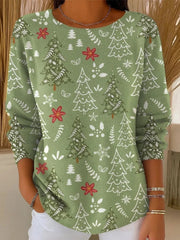 Christmas Tree Art Print Casual Round Neck Long Sleeve Pullover Sweater