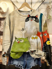 Cute Cartoon Cat Print Round Neck Long Sleeve Casual Comfy Sweatshirt