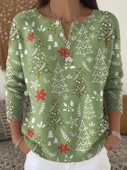 Green Christmas Tree Print Crew Neck Long Sleeve Buttoned Casual Sweater