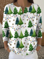 Christmas Trees Pattern Art Print Buttoned Crew Neck Long Sleeve Casual Sweater