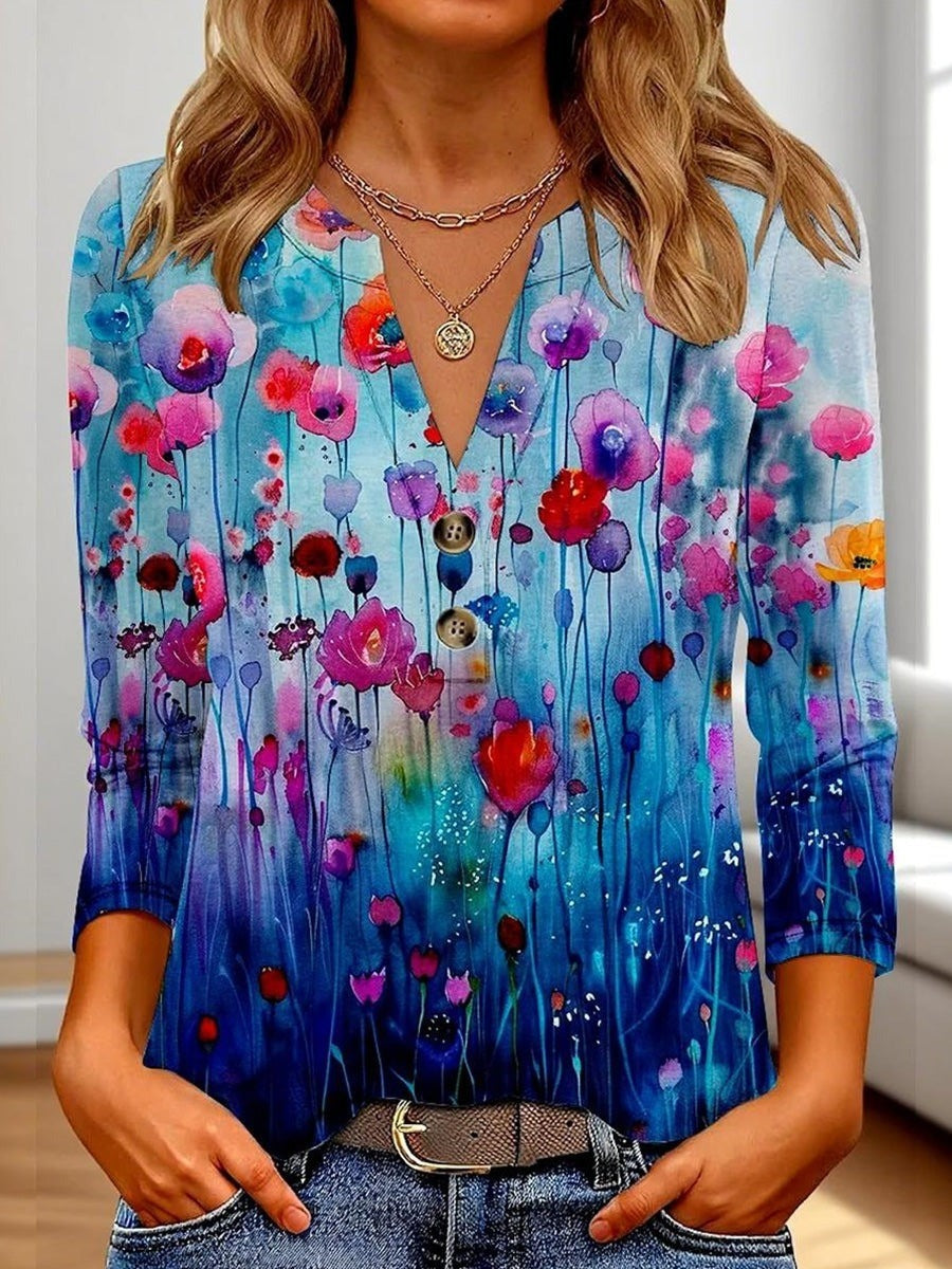 Vintage Blue Floral Print V-neck Long Sleeve Casual Comfy Blouse