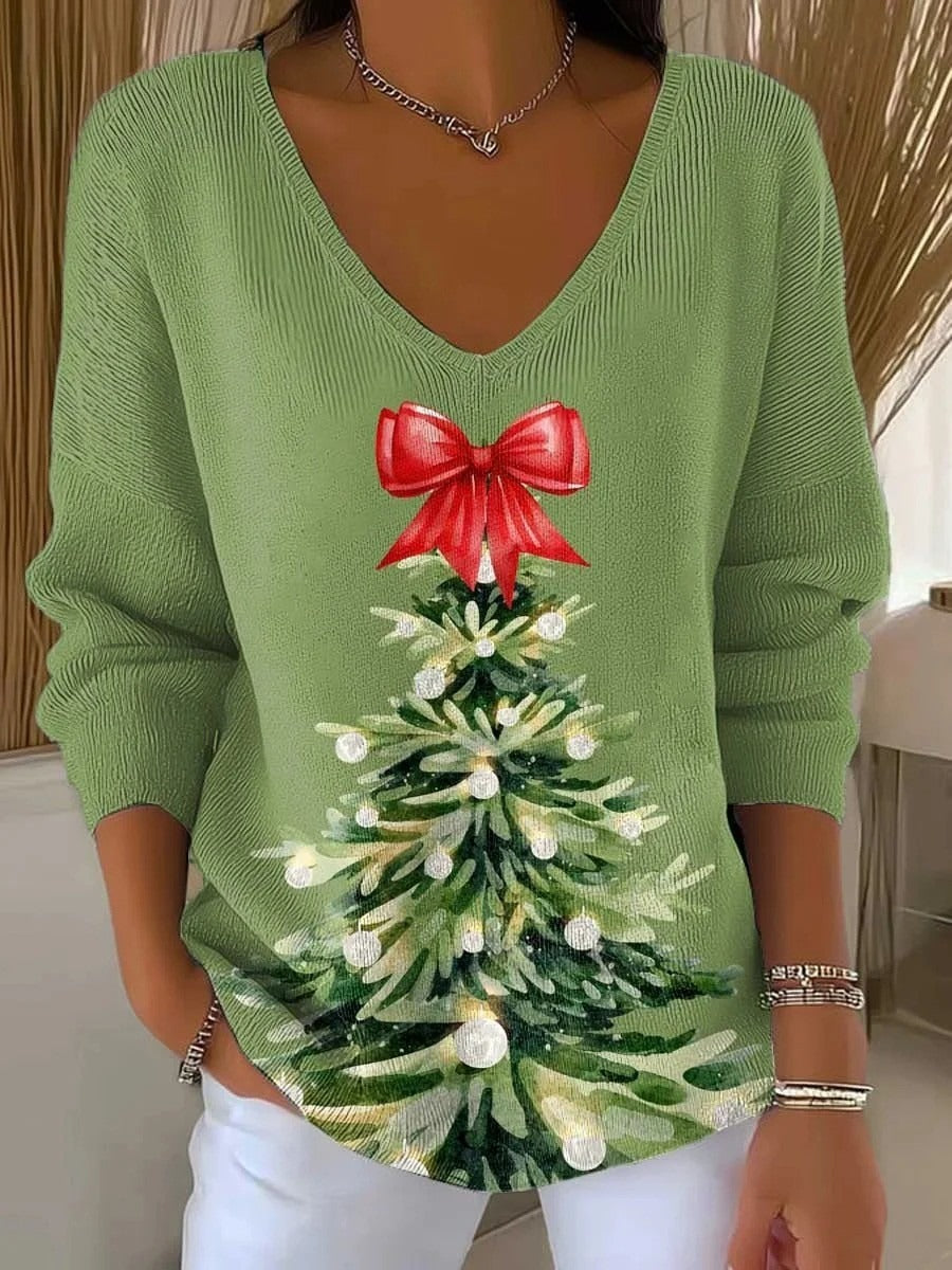 Christmas Tree Art Print V-neck Long Sleeve Pullover Sweater