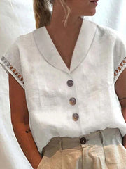 Solid V Neck Lace Button-Up Short Sleeve Shirt