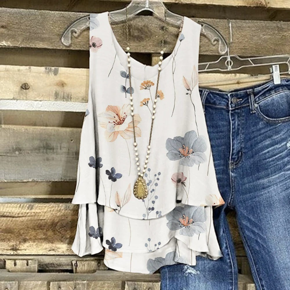 Round Neck Floral Print Sleeveless Tank Top