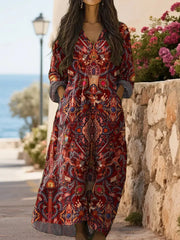 Women's  Floral Pattern Long Sleeve Side  Pocket Cotton Dress