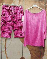 Rose Red Round Neck Long Sleeve Casual Two Piece Sets