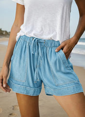 Solid Color Elastic Waist Pockets Denim Shorts