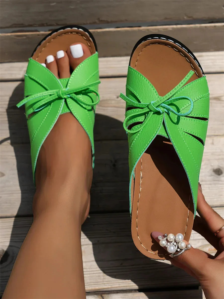 Women's Leisure Sandals Casual Bowknot Hollow out Comfy Wedge Heel Slide Toe-revealing Sandals