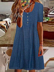 Round Neck Button Short Sleeve Denim Loose Fit Midi Dress