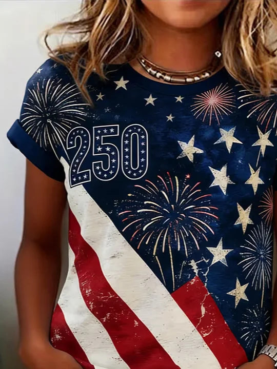 Women Independence Day (Flag) Short Sleeve Tee T-shirt Crew Neck Printing Casual Graphic Tee Summer Top
