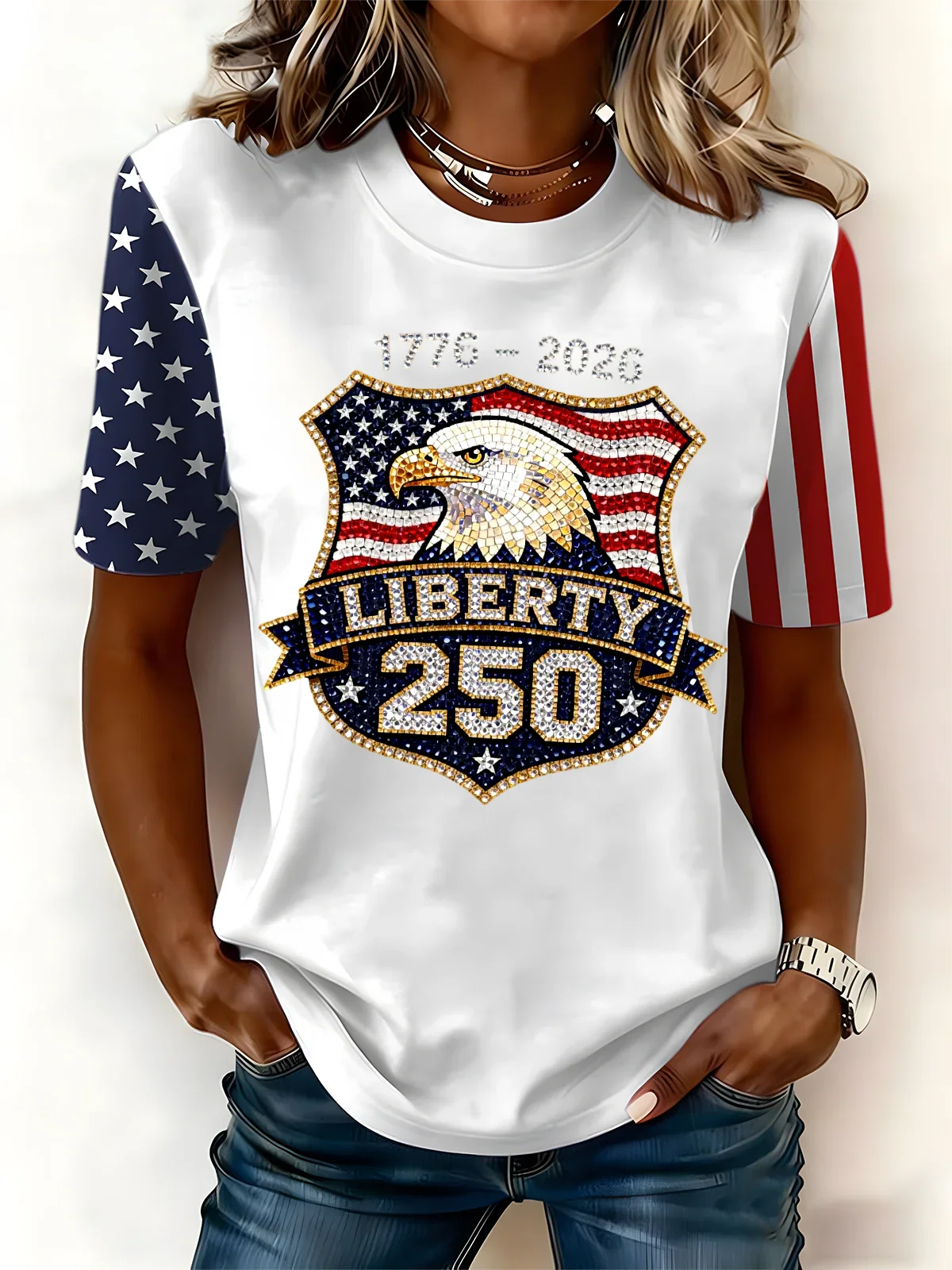 Women's Independence Day America 250th Anniversary Eagle Graphic Crew Neck T-Shirt
