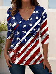 Women's Independence Day American Flag Print V-Neck Long Sleeve T-Shirt