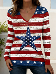 Women's Independence Day American Flag Print V-Neck Long Sleeve T-Shirt