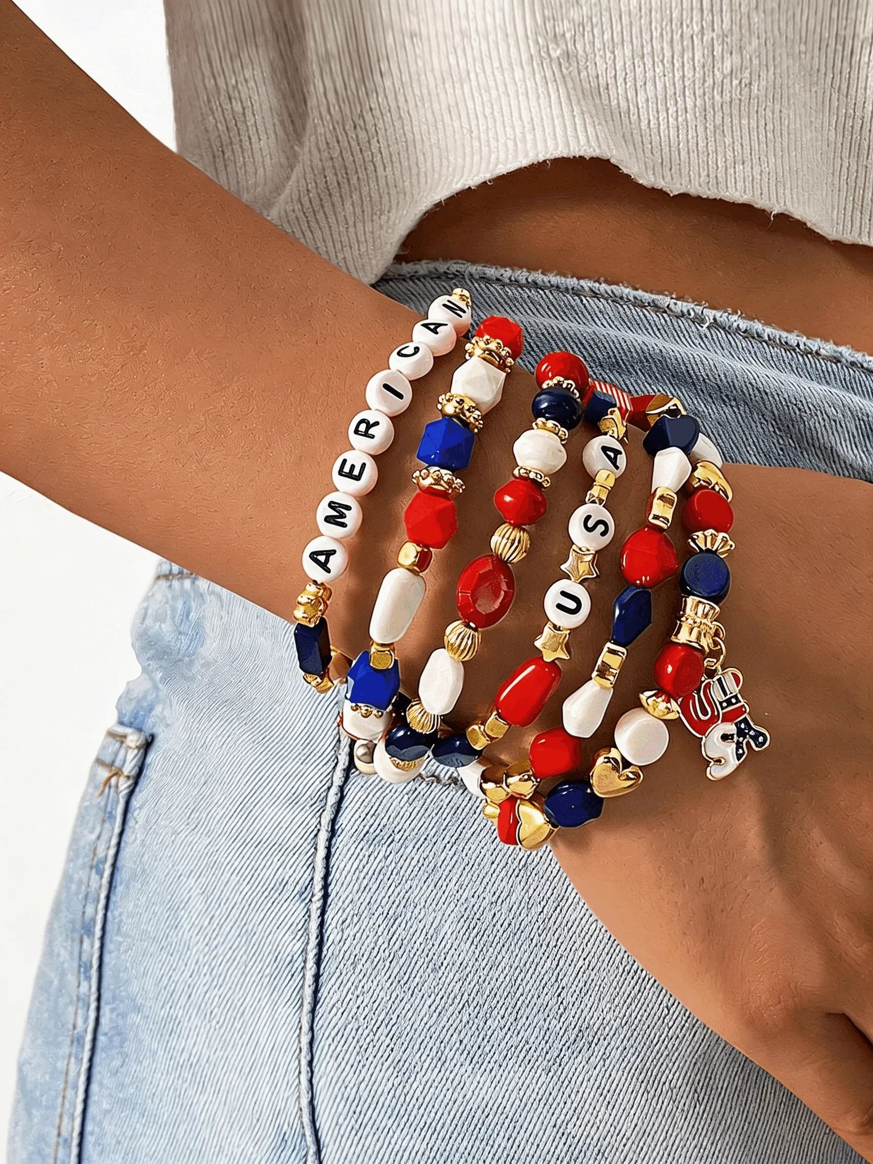America 250 Freedom Patriotic Multi-Layer Beaded Bracelet Stack