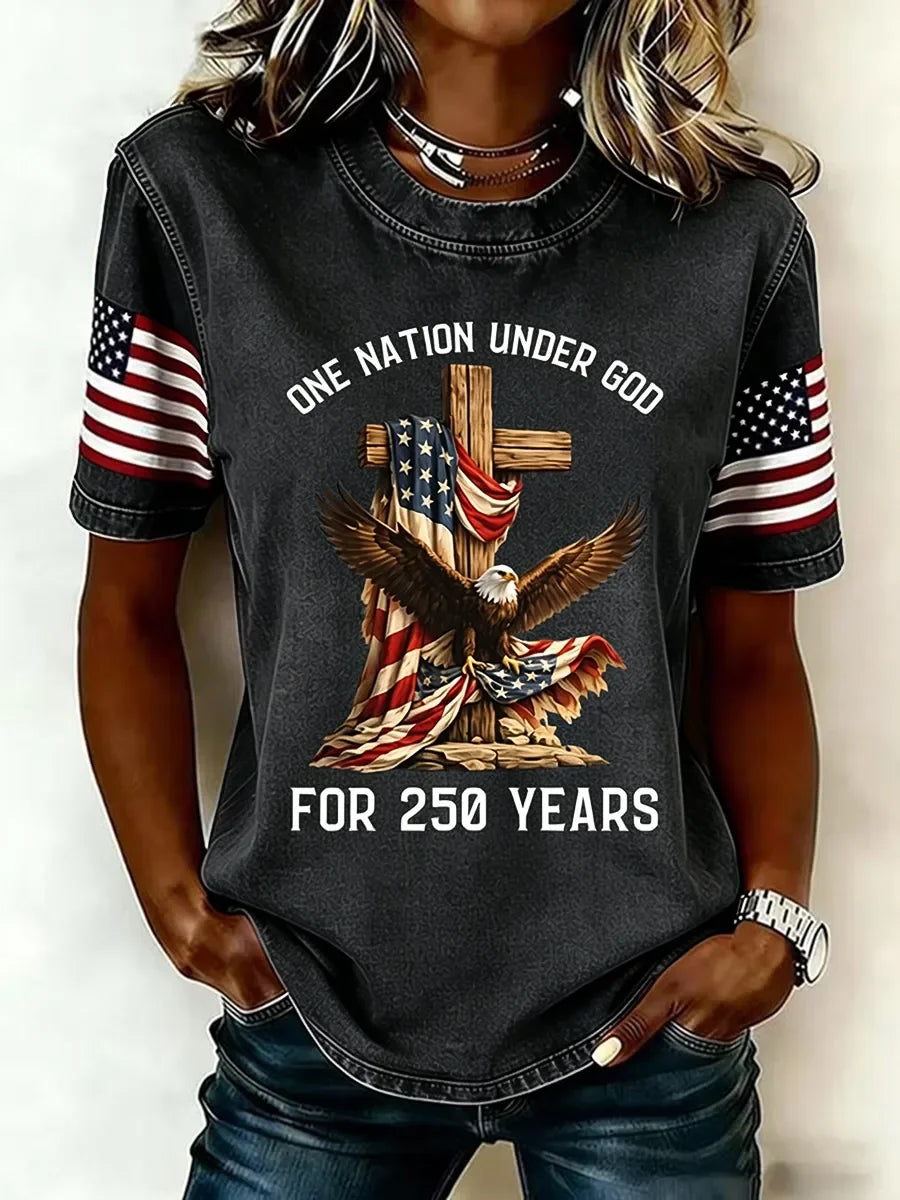 Women's Patriotic Eagle Cross Graphic Crew Neck T-Shirt
