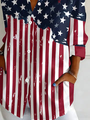 Vintage American Flag Print Long Sleeve Button-Up Shirt