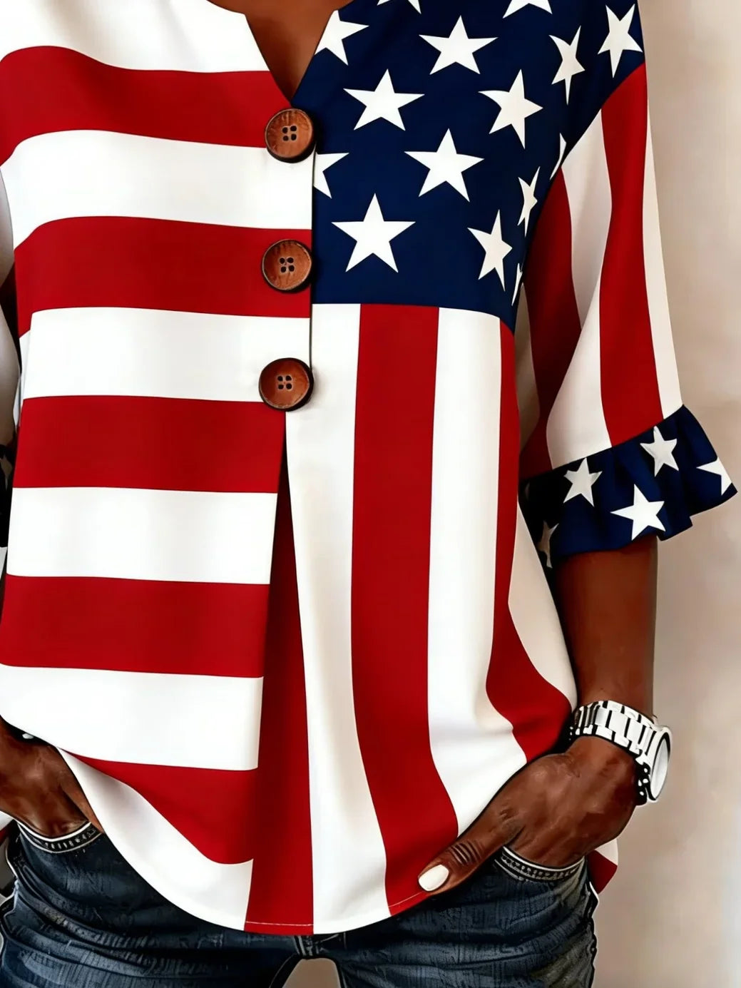 American Flag Print V-Neck Half Sleeve Blouse with Ruffled Cuffs