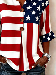 American Flag Print V-Neck Half Sleeve Blouse with Ruffled Cuffs