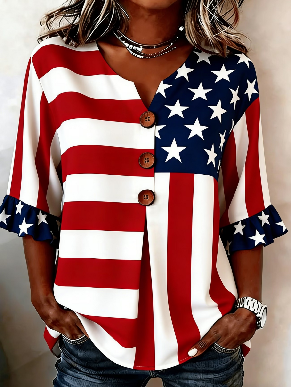American Flag Print V-Neck Half Sleeve Blouse with Ruffled Cuffs