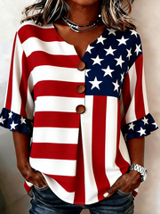 American Flag Print V-Neck Half Sleeve Blouse with Ruffled Cuffs
