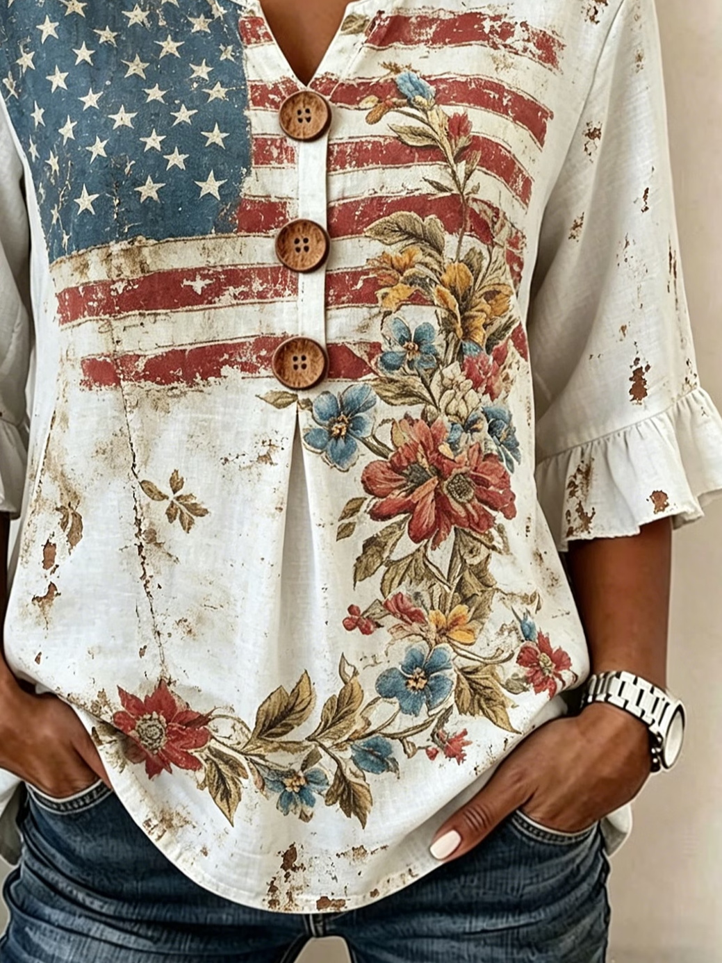 Vintage American Flag & Floral Print V-Neck Half Sleeve Blouse