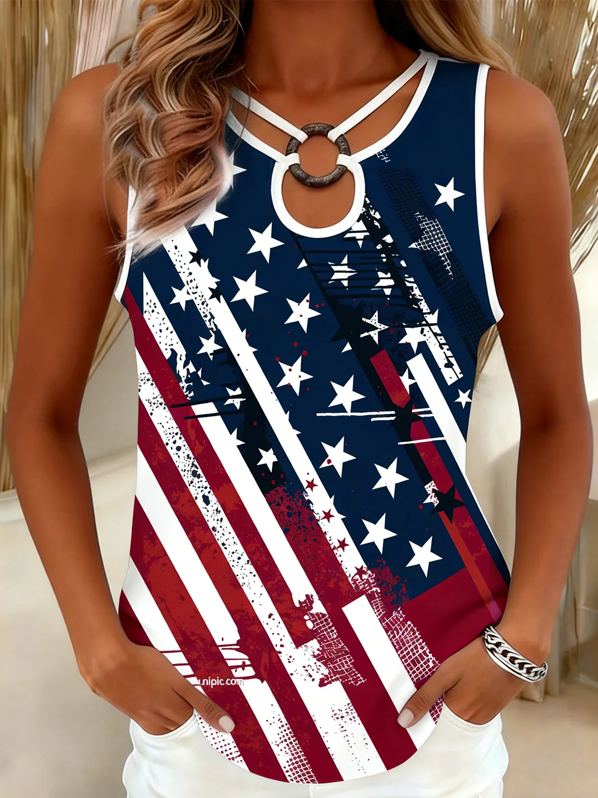 Vintage American Flag Distressed Print Keyhole Neck Tank Top