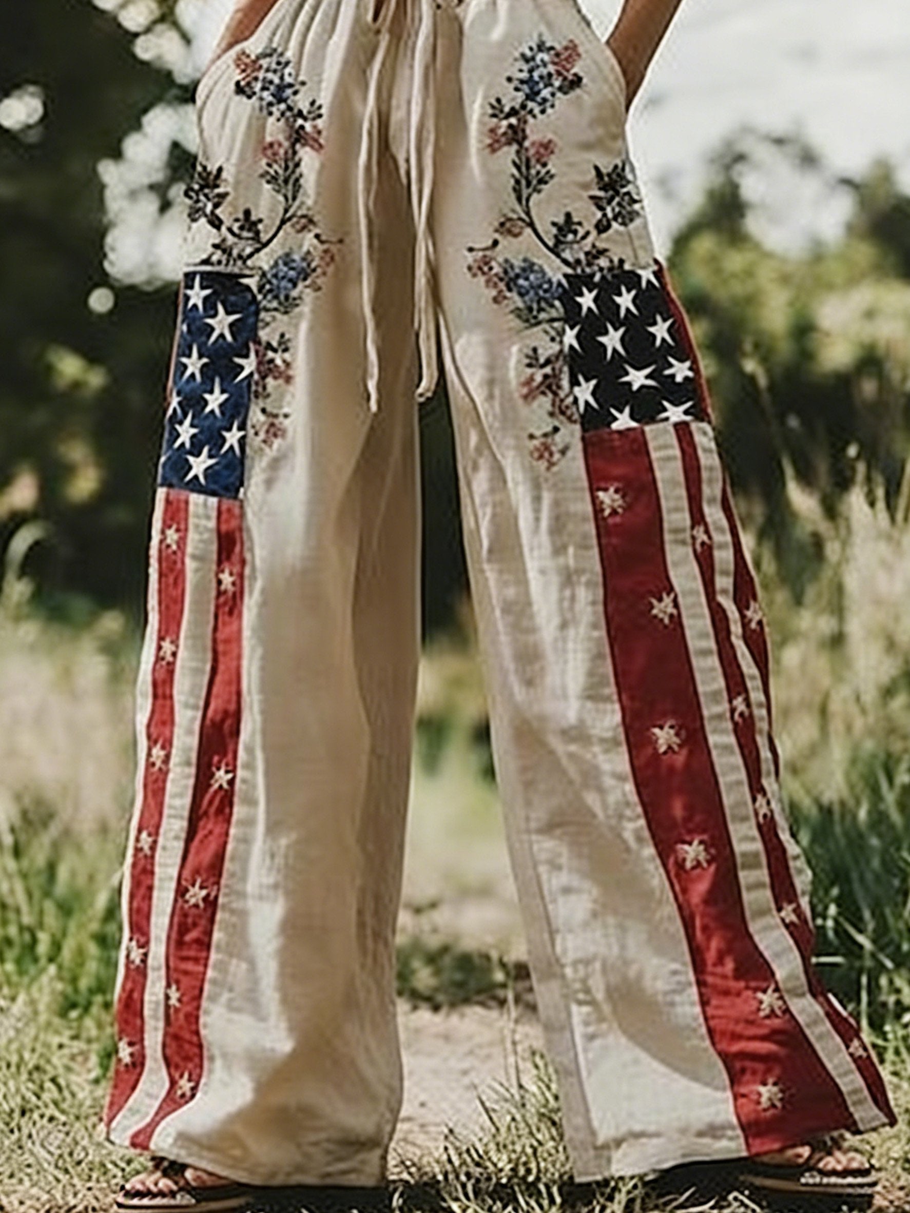 Vintage American Flag & Floral Embroidered Wide-Leg Linen Pants