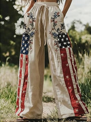 Vintage American Flag & Floral Embroidered Wide-Leg Linen Pants
