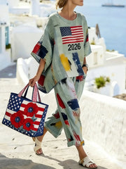 American Flag Print Linen-Blend Two-Piece Summer Set
