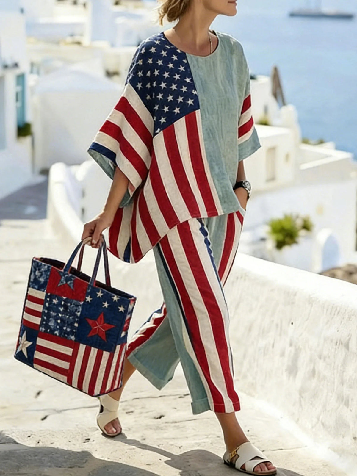 American Flag Print Linen-Blend Two-Piece Summer Set
