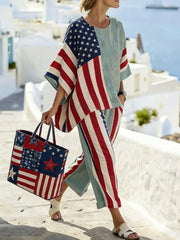 American Flag Print Linen-Blend Two-Piece Summer Set