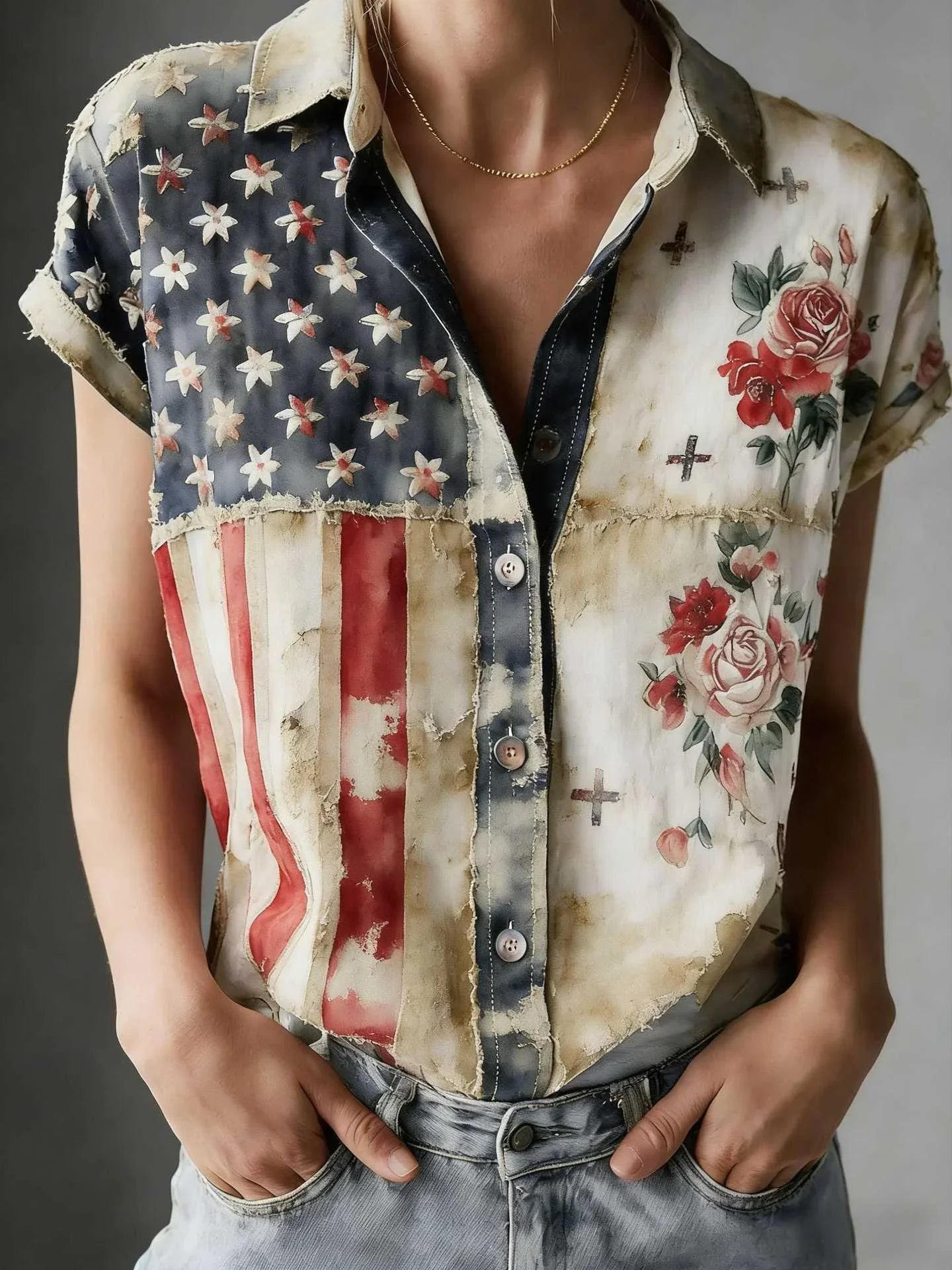 Women's Independence Day American Flag Floral Print Short Sleeves Loose Shirt