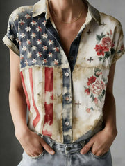 Women's Independence Day American Flag Floral Print Short Sleeves Loose Shirt