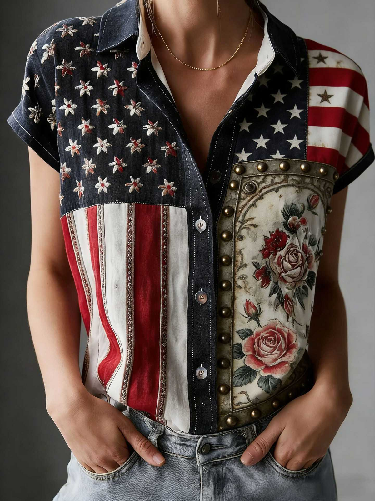 Women's Independence Day American Flag Floral Print Short Sleeves Loose Shirt