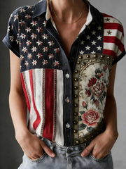 Women's Independence Day American Flag Floral Print Short Sleeves Loose Shirt
