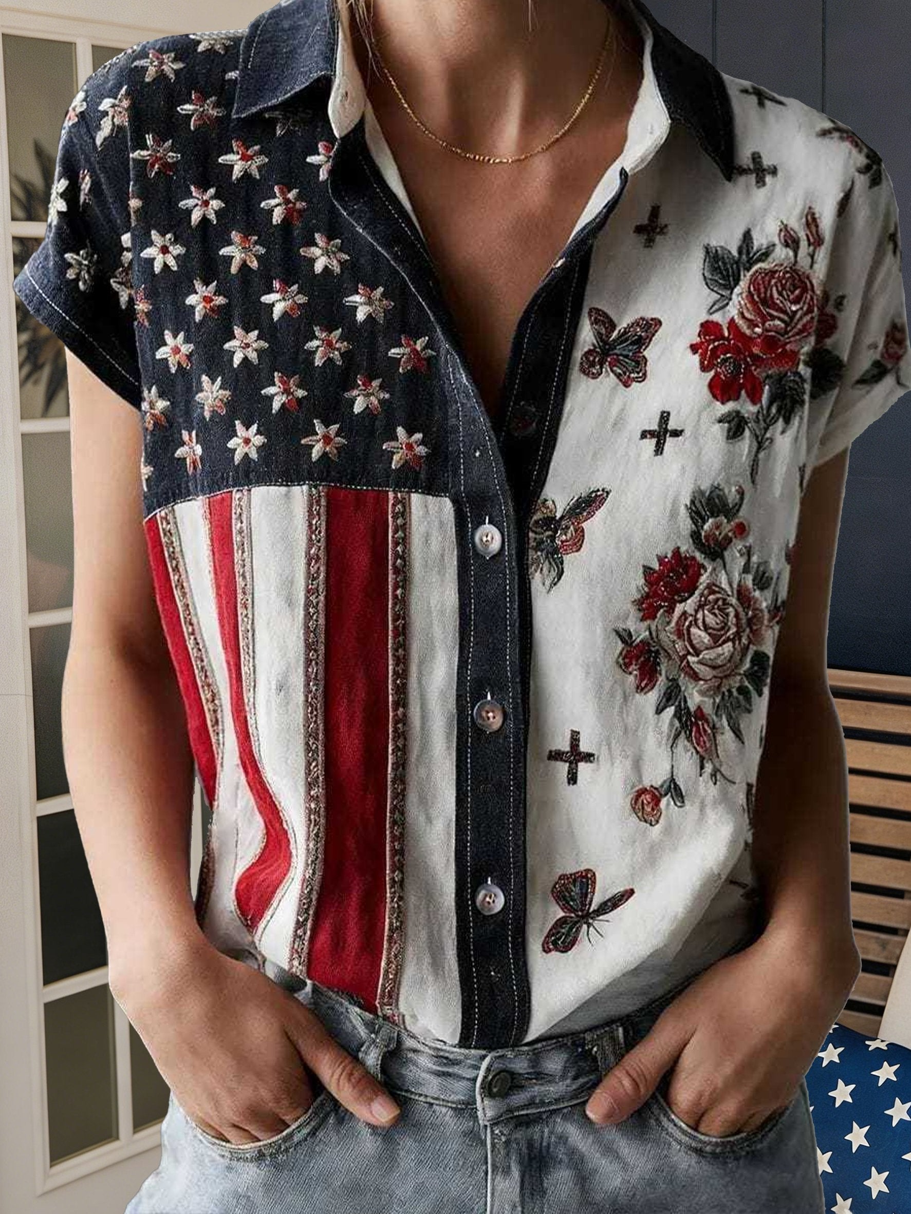 Women's Independence Day American Flag Floral Print Short Sleeves Loose Shirt