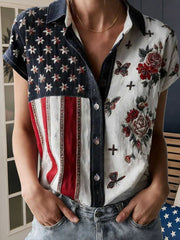 Women's Independence Day American Flag Floral Print Short Sleeves Loose Shirt
