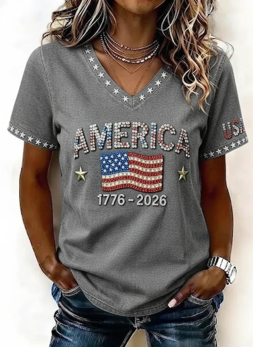 Women's Independence Day American Flag 3D Printing V Neck Short Sleeves Casual T-shirt