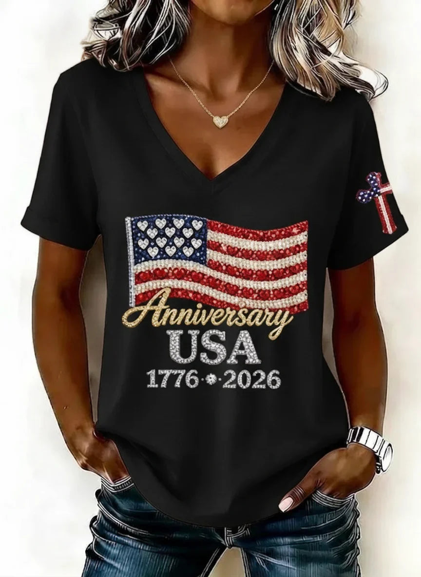 Casual America Flag V Neck Short Sleeves Independence Day T-shirt
