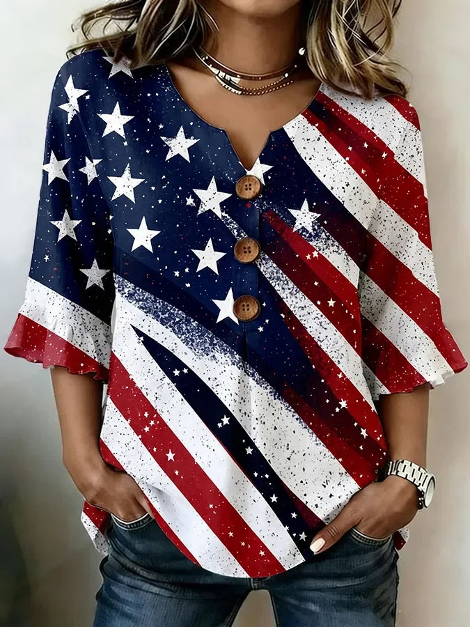 Women V Neck Half Sleeve American Flag Print Casual Blouse