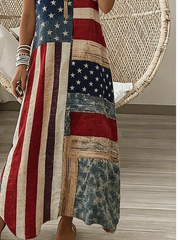 Women American Flag Patchwork Sleeveless V Neck A-Line Maxi Dress