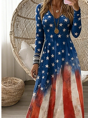 Women American Flag Print Long Sleeve V Neck A-Line Maxi Dress