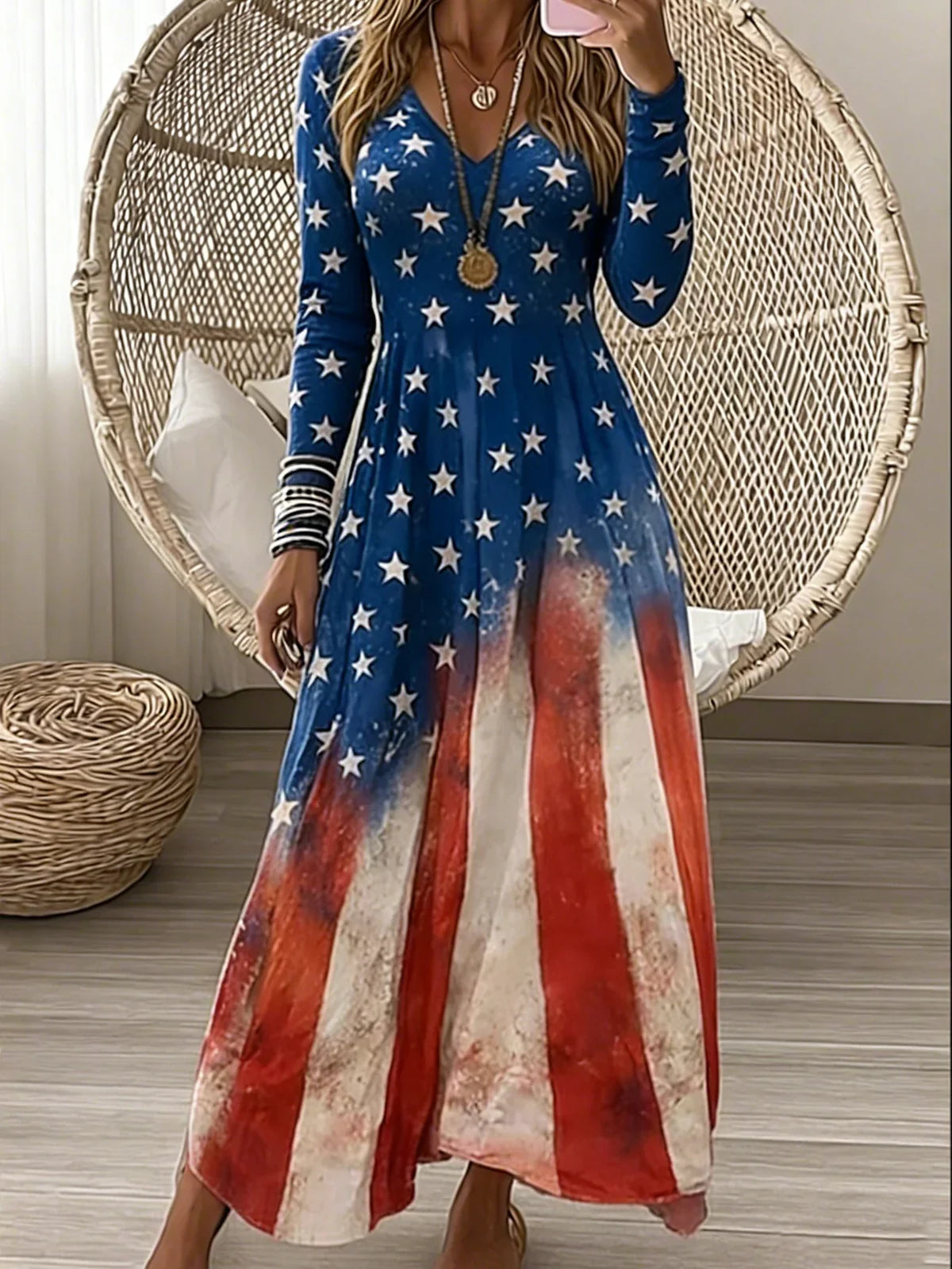 Women American Flag Print Long Sleeve V Neck A-Line Maxi Dress