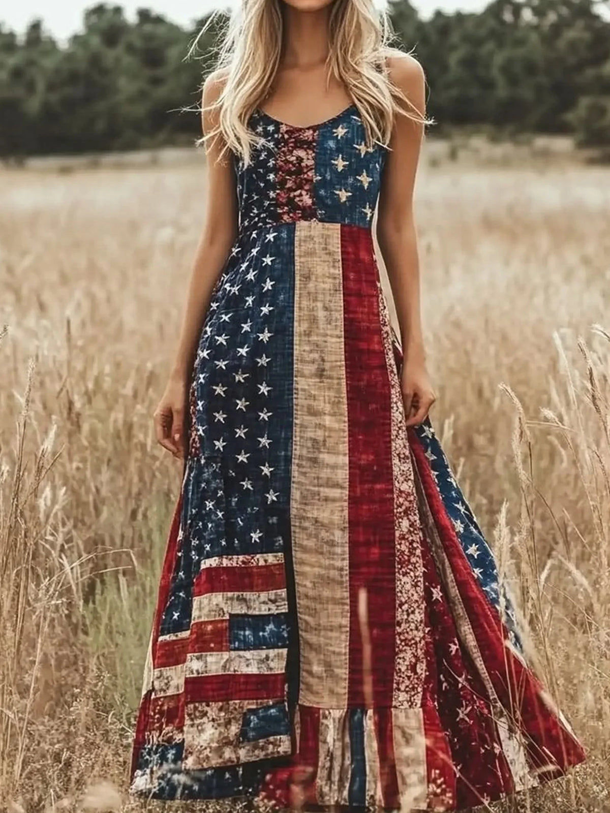 Women Vintage American Flag Print Sleeveless V Neck Fit & Flare Maxi Dress
